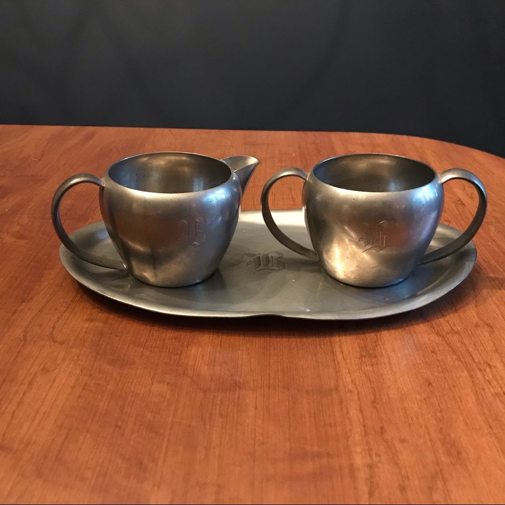 Vintage Pewter monographed mug, creamer and plate